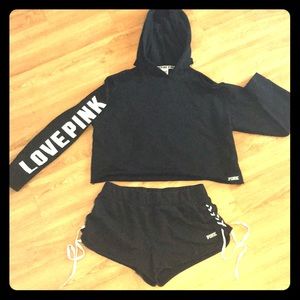 Pink VS lace up shorts & cold shoulder pull over